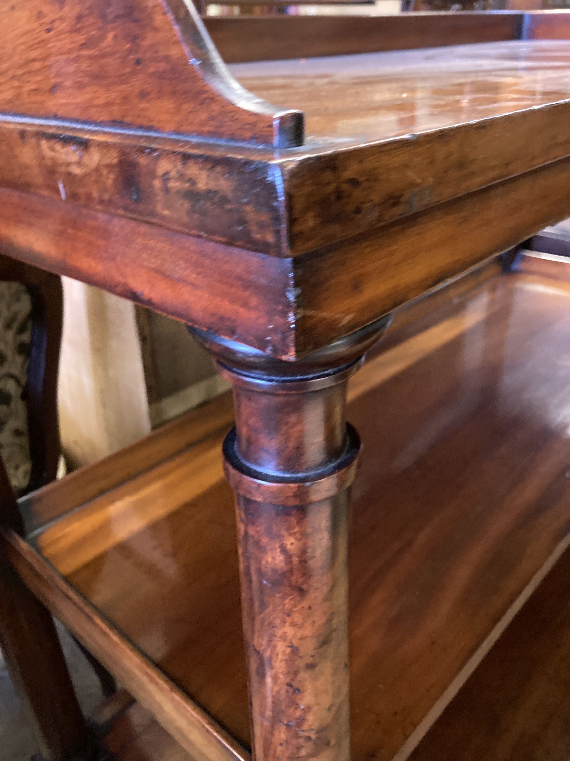 A Victorian mahogany three tier buffet, length 122cm, depth 53cm, height 110cm